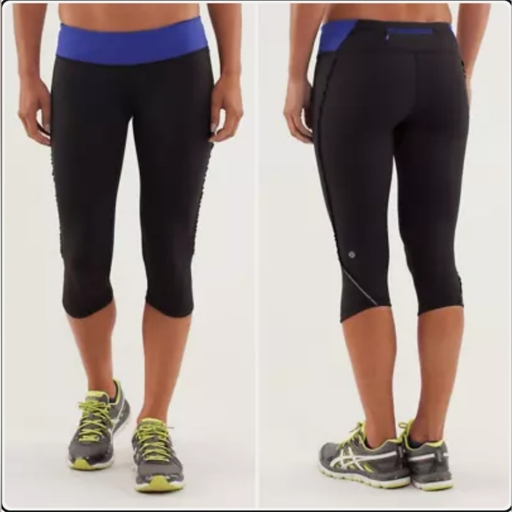 Lululemon Run Fast Free Crop in Black Tonka Stripe Burnout Pigment Blue Like New